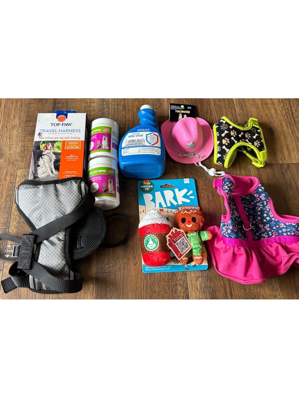 Dog Supplies Lot Assorted Harnesses, Flea/tick Spray, Xmas Toys, Ear Wipes, Hat